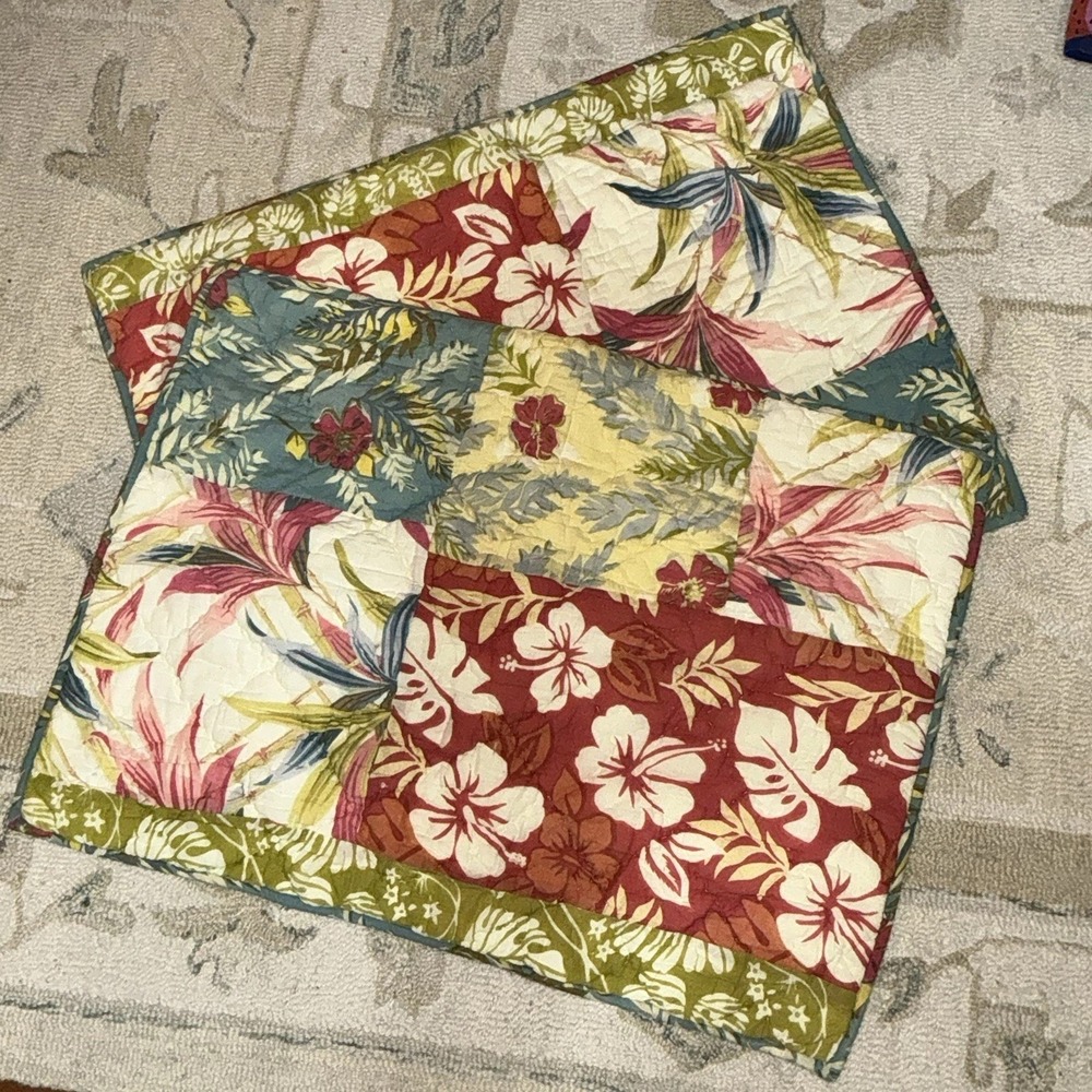 2 Pottery Barn Tropical Palms Quilted Patchwork Standard Pillow Shams Set Floral